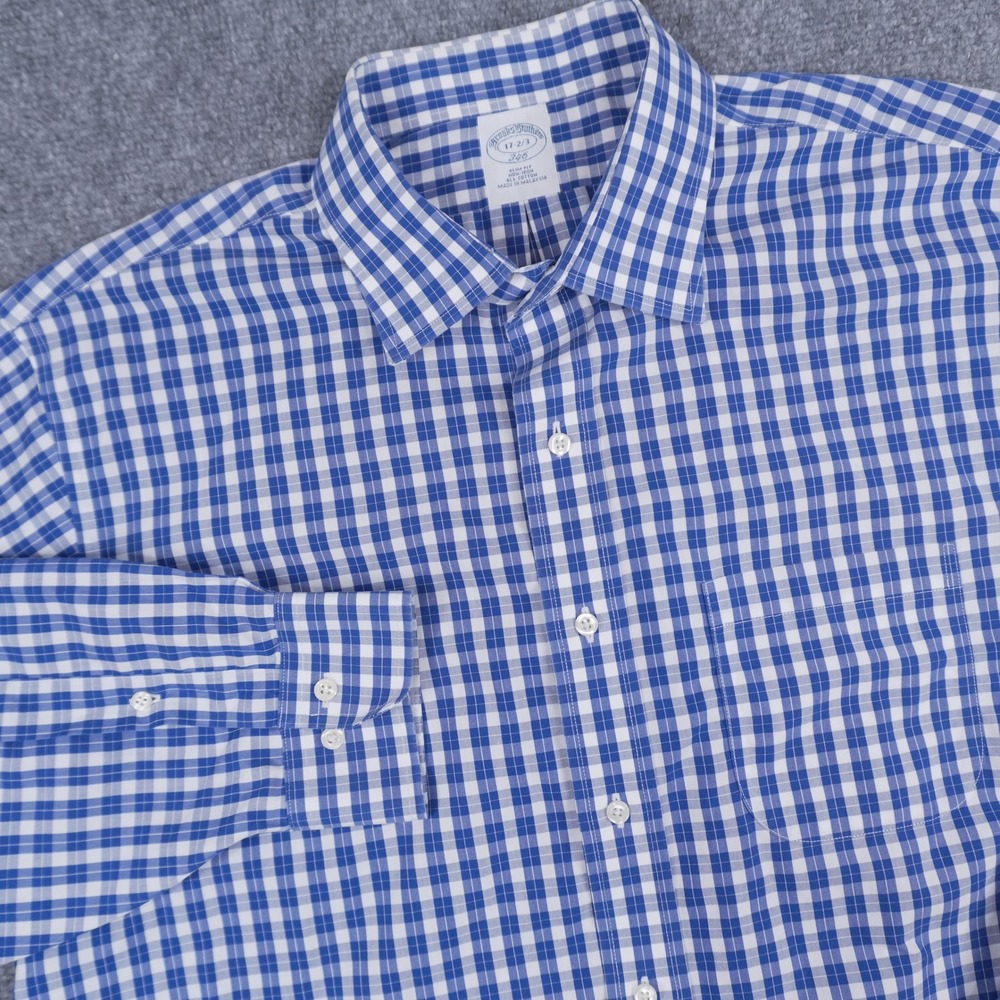 Brooks Brothers 346 Button Down Mens 17-2/3 Blue Gingham Slim Fit Non-Iron Shirt
